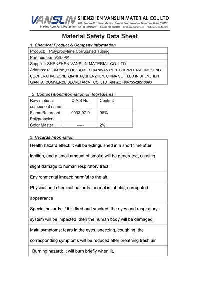 MSDS-PP Corrugated Tubing