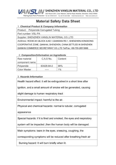 MSDS-PA Corrugated Tubing